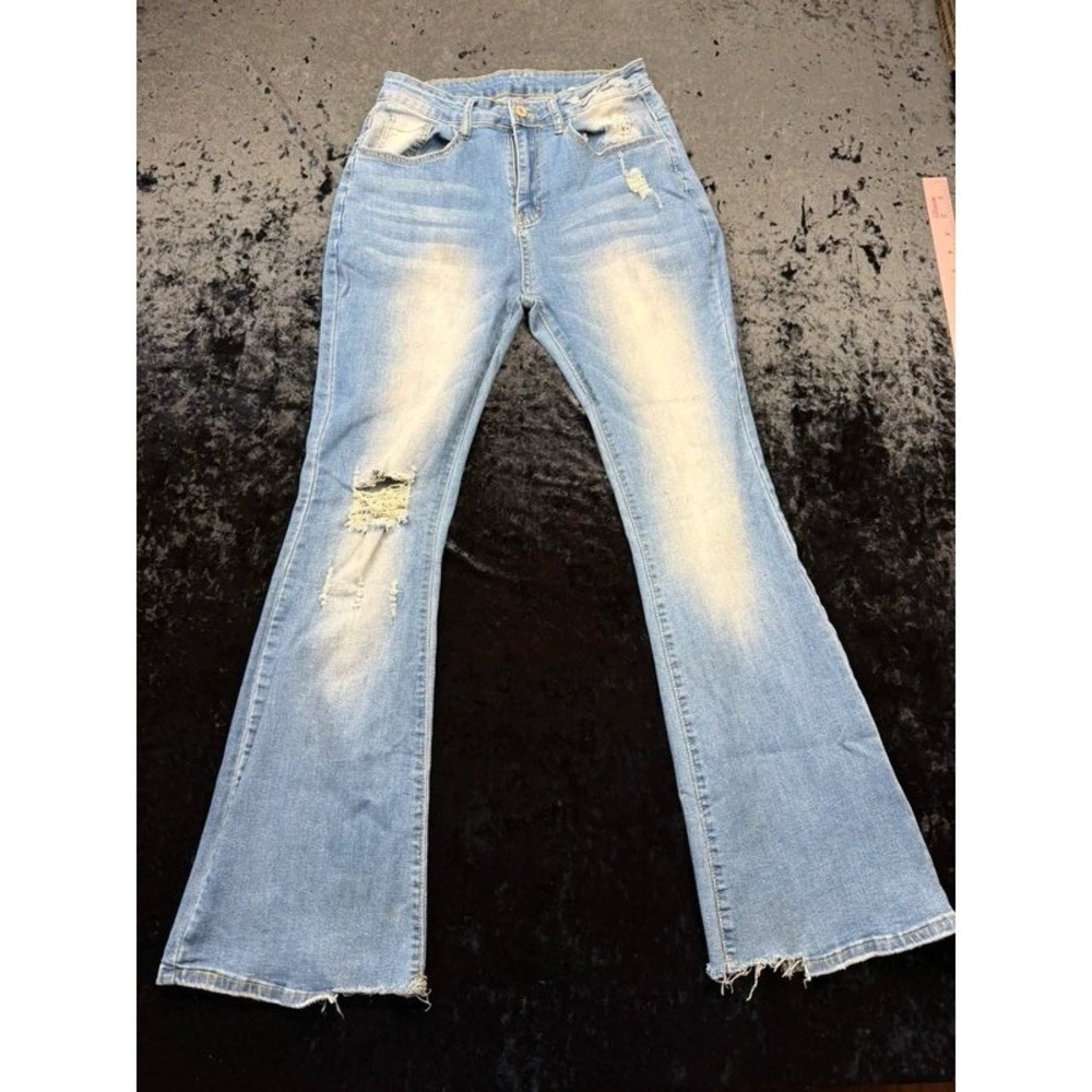 KUNMI Womens 10 Light Wash Distressed Flare Jeans Raw Hem Stretch Denim